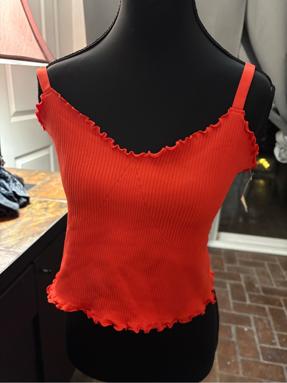 Aerie Women’s Red Ruffle-Trim Ribbed Cami Tank